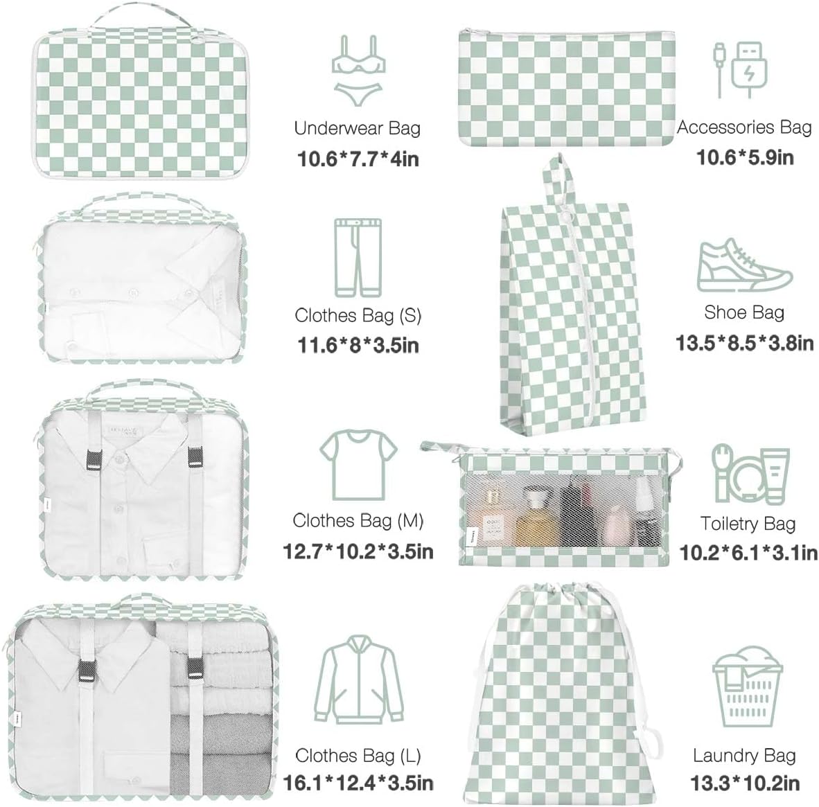 hatisan 8-Piece Packing Cube Set, Green Checkered