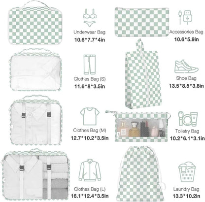 hatisan 8-Piece Packing Cube Set, Green Checkered