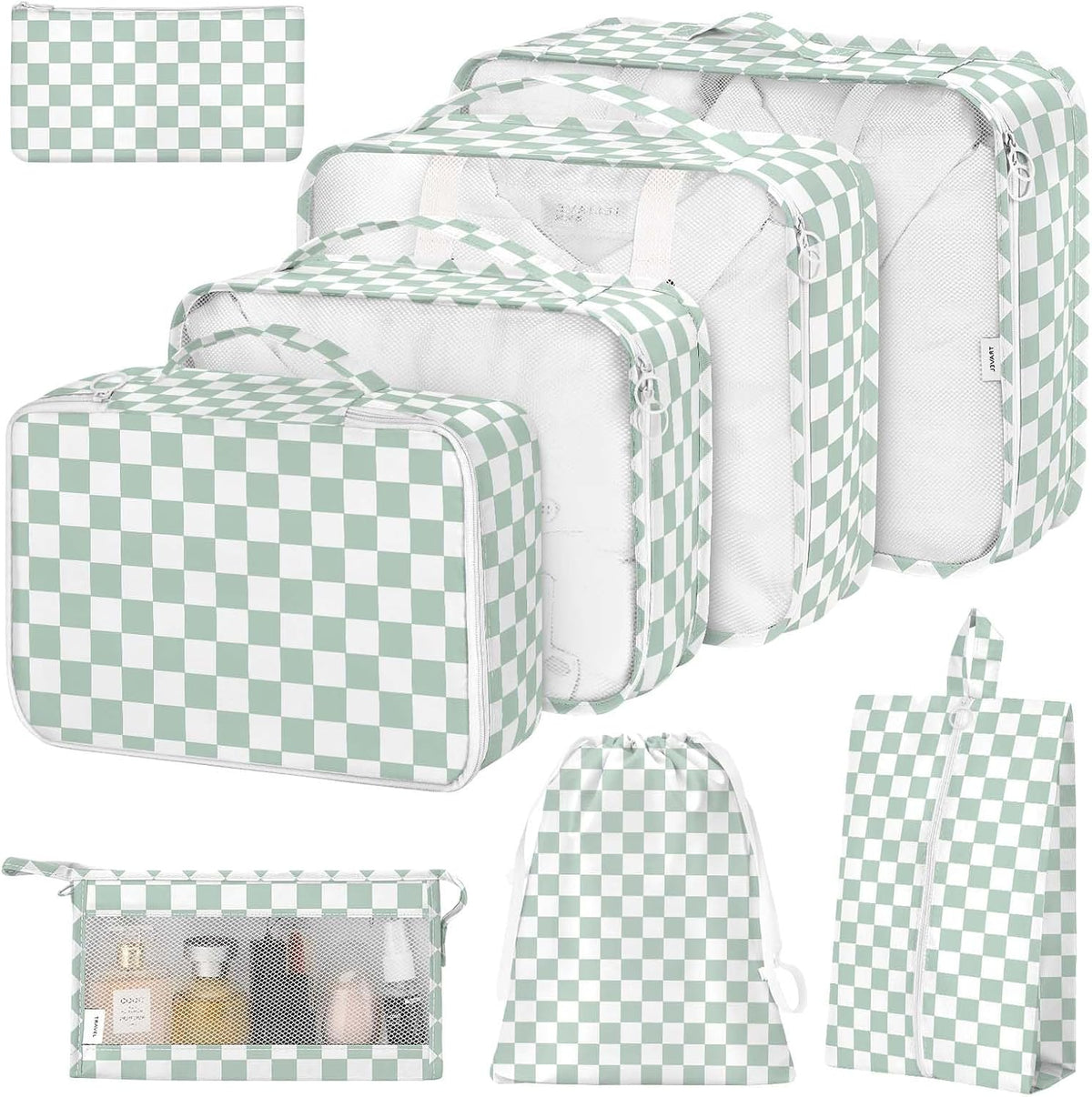 hatisan 8-Piece Packing Cube Set, Green Checkered